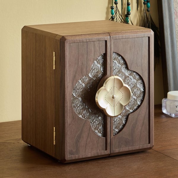 Modern Walnut Color MDF with Walnut Veneer Double Doors with Begonia Handle 5-Layer High Capacity Jewelry Box