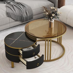 Black Stackable 27.5 in. Round Tempered Glass Coffee Table Nesting Tables with 2-Drawers