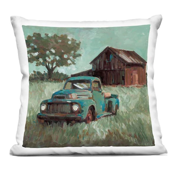 Vintage Pickup in Green Hues Green Print Zipper Polyester 18 in. x 18 in. Throw Pillow
