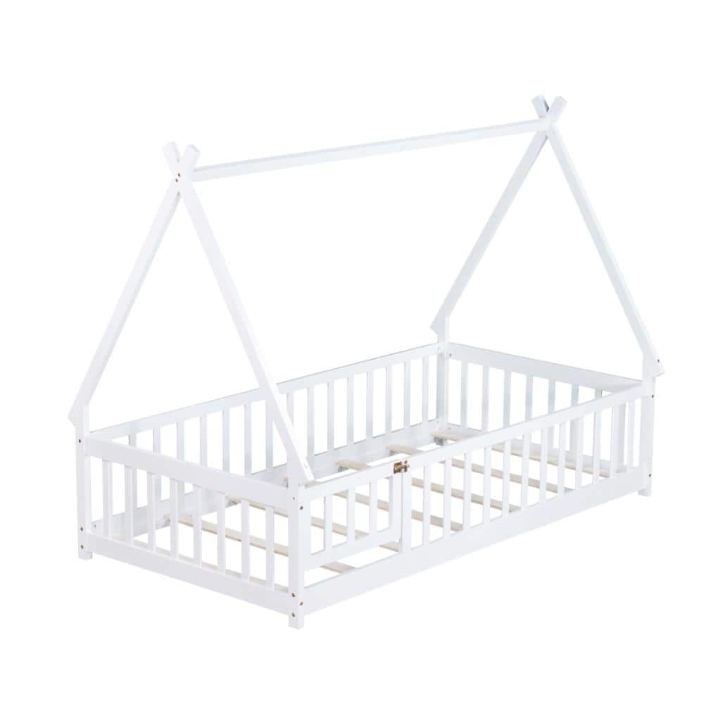 White Wood Frame Twin Size Platform Bed with Tent-shaped,Guardrails and Door price history on PriceWatchPro
