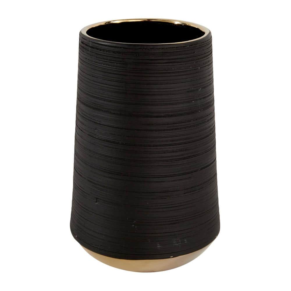 Matte Black Porcelain Vase with Gold Trim Accents 9"x12"