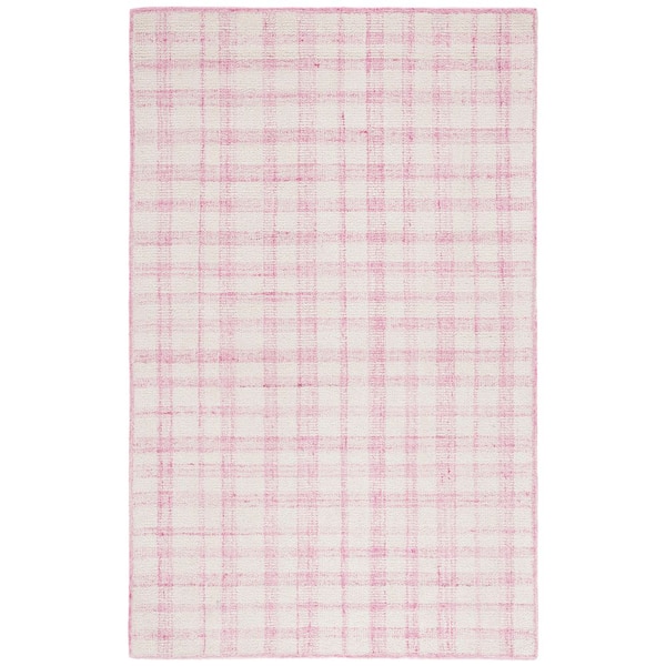 Abstract 5 ft. x 8 ft. Ivory/Pink Plaid Area Rug