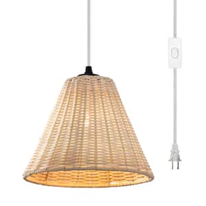 1-Light Plug-In Black Pendant Light with Hand-Woven Rattan Shade