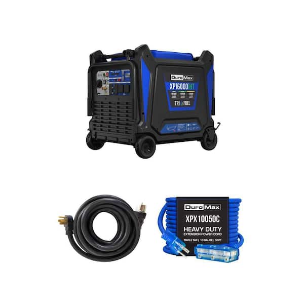16,000-Watt Tri Fuel Inverter Generator, 25 ft. 50 Amp Power Cord and 50 ft. 15 Amp Lighted Extension Cord Combo