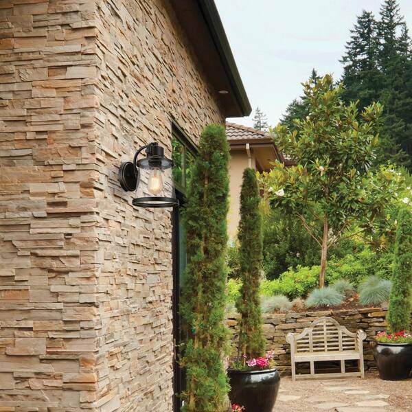 Globe Electric Charlie 1-Light Oil Rubbed Bronze LED Outdoor Wall Mount Sconce with Clear Seeded Glass Shade 44127