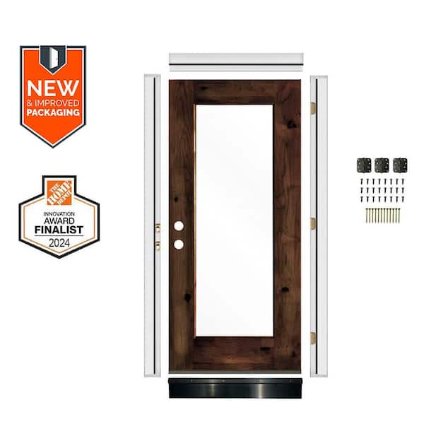 DIY 32 in. x 80 in. Right-Handed Clear Glass Red Mahogany Stain Knotty Alder Wood Front Door Kit w/ Quick Assemble Jamb