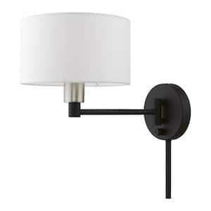 Atwood 1-Light Black Plug-In/Hardwired Swing Arm Wall Lamp with Off-White Fabric Shade