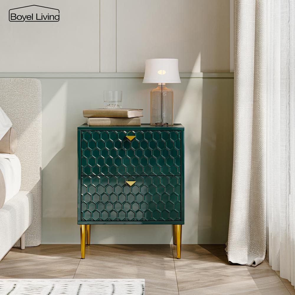 Hexagonal Pattern 2-Drawer Green High Gloss Nightstand Accent Cabinet with 
