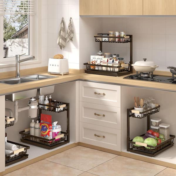 3-Shelf Brown Height Adjustable Under Sink Pantry Organizer with Pull-Out Baskets for Kitchen Bathroom (2-Pack)