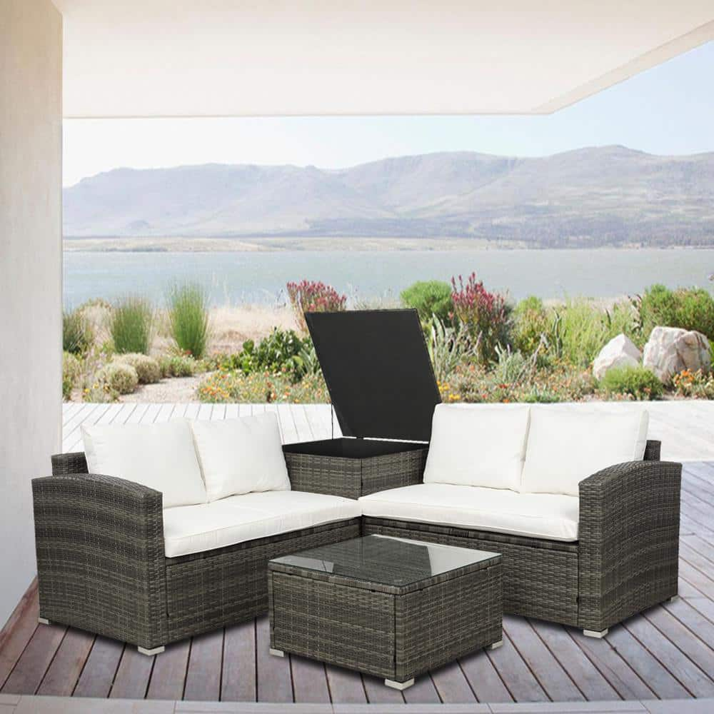 Brown 4-Piece Wicker Outdoor Sectional with Beige Cushions -  Wateday, PF-SH000053