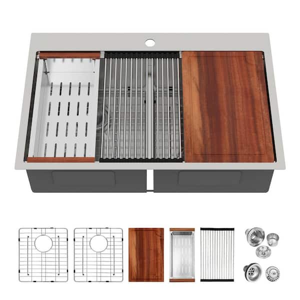 33 in. Drop In Double Bowl 16-Gauge Stainless Steel Topmount Workstation Kitchen Sink with Ledge and Cutting Board