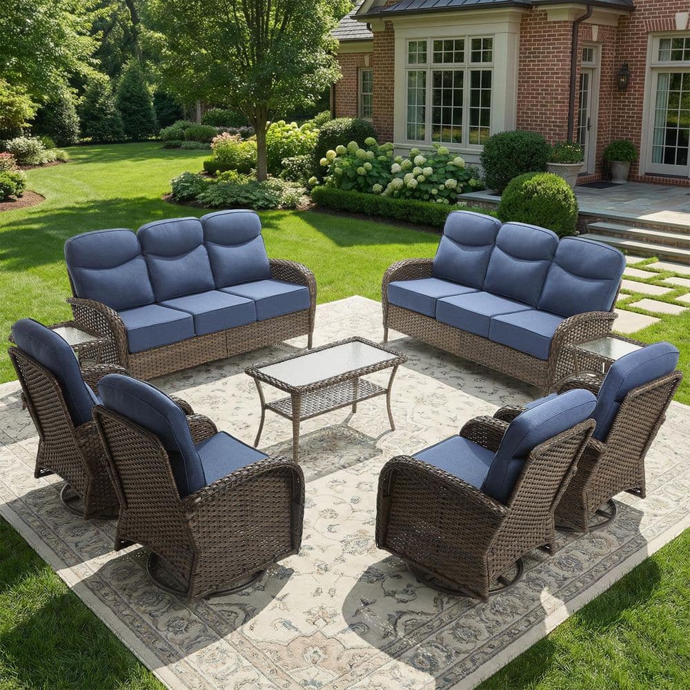 Goyal Brown 9-Piece Wicker Patio Conversation Set with Swivel Rockers, Outdoor Sofa Seating Set with Blue Cushions price history on PriceWatchPro