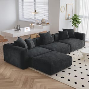 141.7 in. Square Arm Corduroy Velvet 4-Pieces Modular Free Combination Sectional Sofa with Ottoman in Black