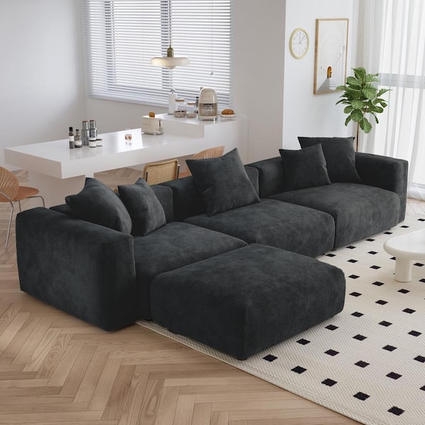 J&E Home 141.7 in. Square Arm Corduroy Velvet 4 Pieces Modular Free Combination Sectional Sofa with Ottoman in. Black