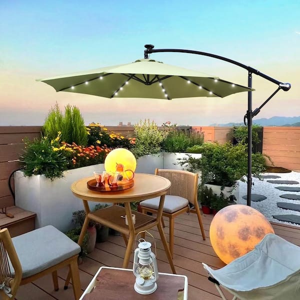 10 ft. Market Steel Solar LED Lighted Outdoor Patio Umbrella in Lime Green with Crank and Cross Base