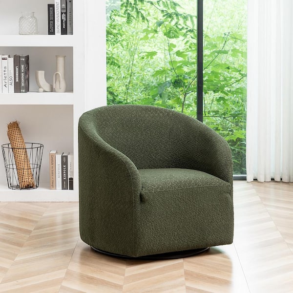 KINWELL Green Modern Boucle Upholstered Swivel Barrel Armchair