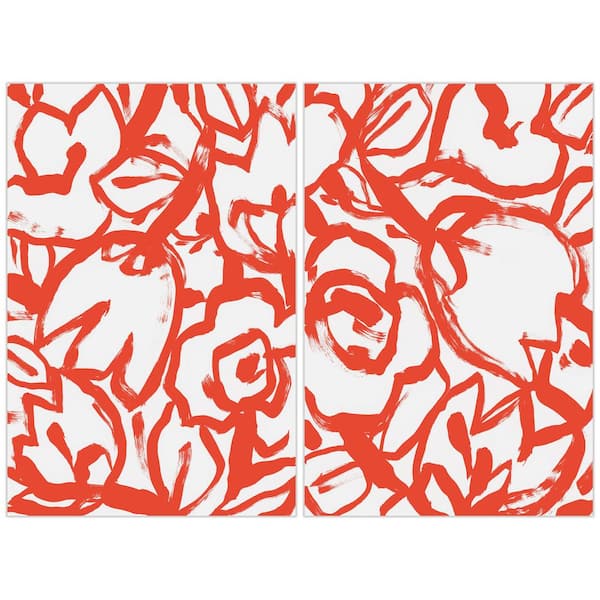 Empire Art Direct Scarlet Blooms I and II Red Brush Floral Free Floating Reverse Unframed Printed Tempered Glass Wall Art 48 in. x 32 in.