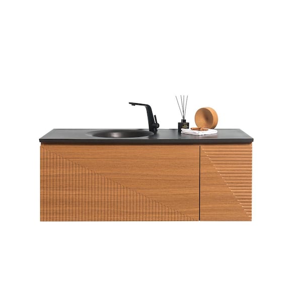 Abruzzo Simon 48 in. W x 20.90 in. D x 17.70 in. H Walnut Thermafoil Vanity Set in Walnut garin with Quartz sand top,Black basin