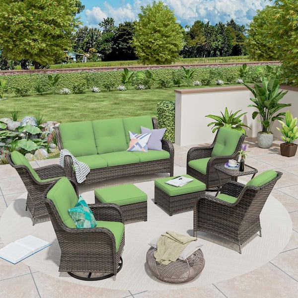 MeetLeisure 8-Piece Patio Conversation Sofa Set Furniture Sectional Seating Set with Green Cushion and Glass Desktop