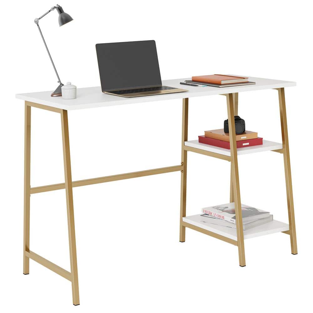 Modern White and Gold Desk with Open Shelves and Metal Frame