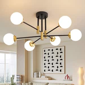 6-Light Vintage Black and Gold Sputnik Chandelier, Mid Century Ceiling Lights with Glass Shade, Bulb Not Included