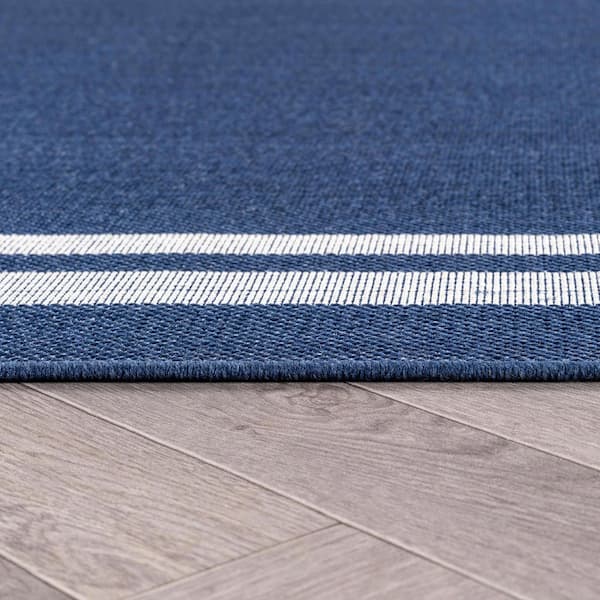 Border Navy/Ivory Easy-Care Jute-Style Indoor/Outdoor Flat Woven Area Rug 2 ft. 3 in. x 8 ft. Navy