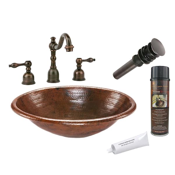 Premier Copper Products All-in-One Oval Self Rimming Hammered Copper Bathroom Sink in Oil Rubbed Bronze