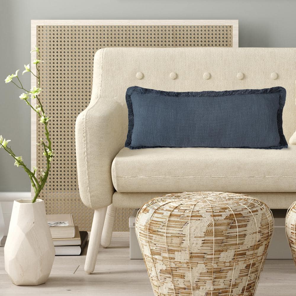 Coastal Navy Blue Cotton Fringe 36" x 14" Rectangular Throw Pillow