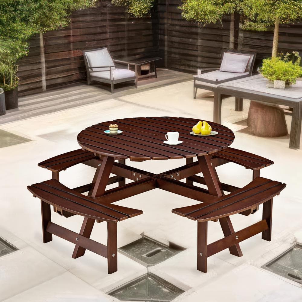 8-Person Brown Circular Wooden Outdoor Picnic Table, 70 in. Camping Tables,