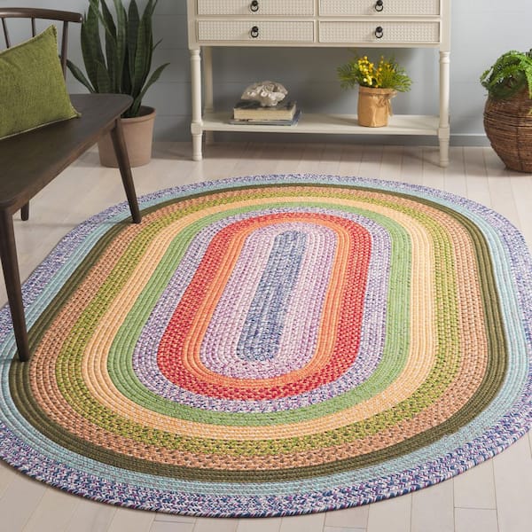Braided Green/Rust 6 ft. x 9 ft. Machine Washable Multi Striped Color Oval Area Rug