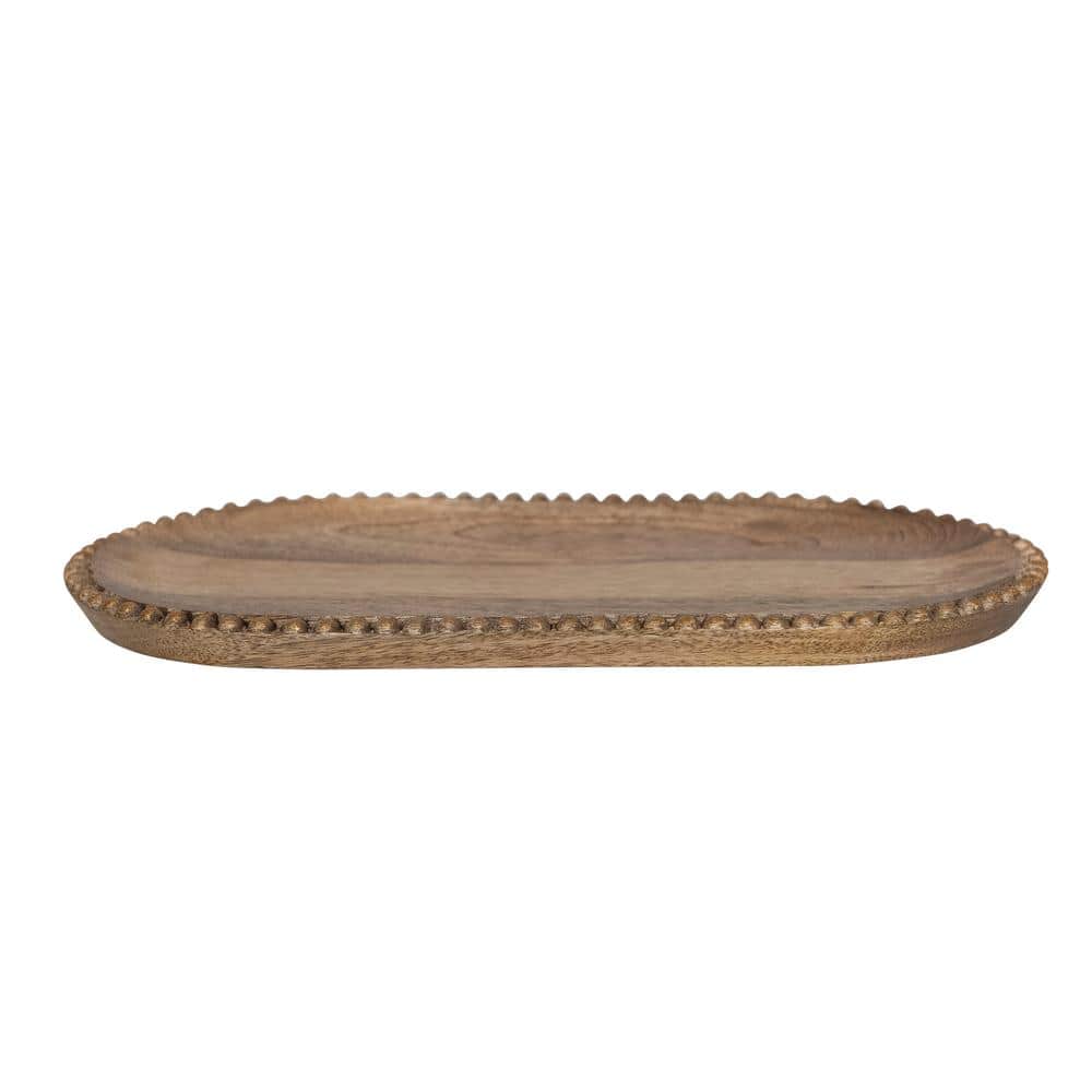 Hand-Carved Mango Wood Oval Tray with Gold Beads