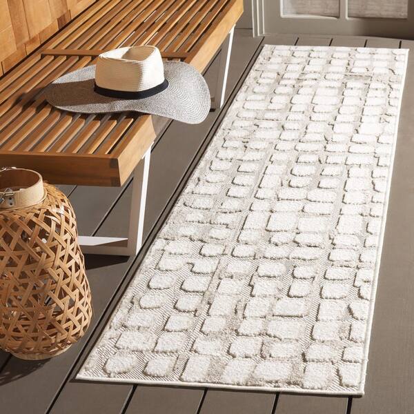 Stella Ivory/Beige 2 ft. x 8 ft. Abstract Tile High-Low Indoor/Outdoor Runner Rug