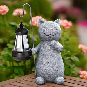 Solar Garden Statue Cat Figurine- Garden Art with Solar Lantern, Unique Housewarming Gift for Mom Grandma