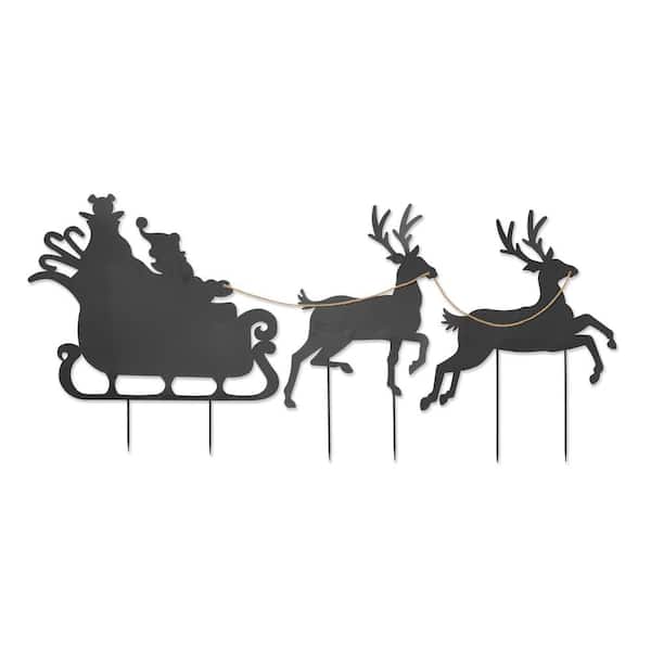 GERSON INTERNATIONAL 86 in. Santa in Sleigh Pulled by Deer Metal Silhouette Holiday Yard Decor