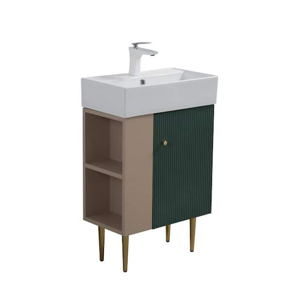 GDFSTUDIO Timell 21.6 in. Modern Freestanding Green Bath Vanity with White Ceramic Top, Left Side Cabinet, Shelves