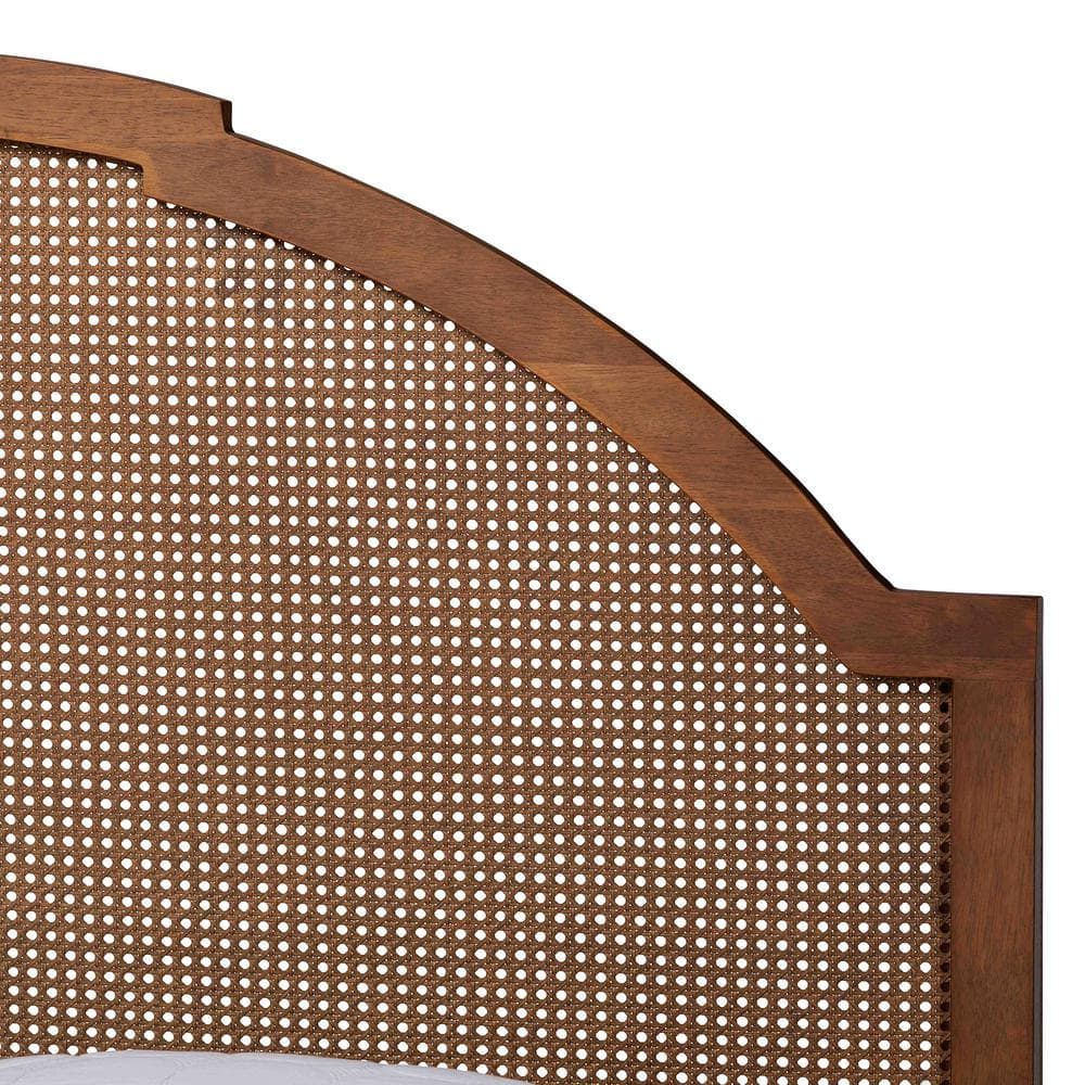 Walnut Brown Queen Bed with Rattan Headboard and Storage Drawers