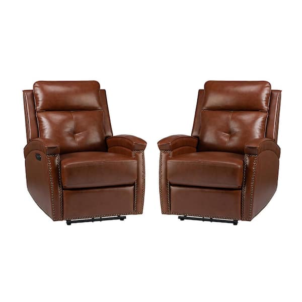 JAYDEN CREATION Hermann Brown Genuine Leather Power Recliner With Bronze Nailhead Trim Set of 2