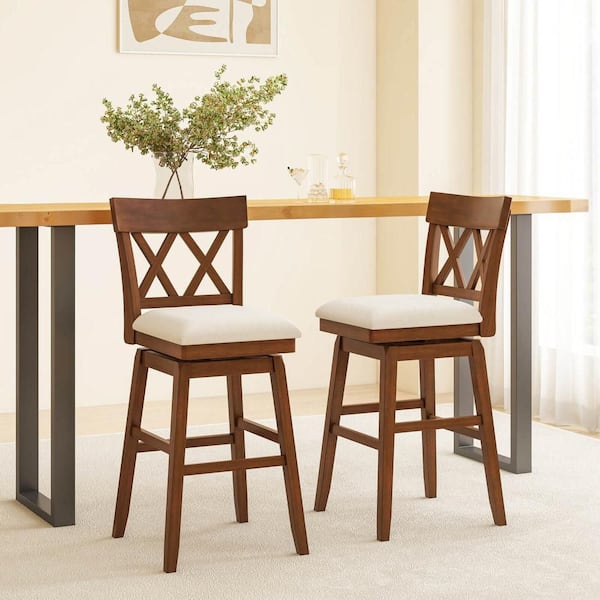 Costway Beige 30 in. Bar Stool Wooden Chair with Contoured Backrest Swivel Padded Seat for Kitchen(1 Pack)