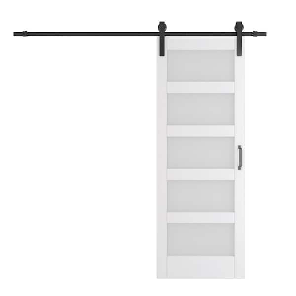 TENONER 30 in. x 84 in. White, Finished, MDF, Frosted Glass, 5 Glass Panel Sliding Barn Door with Hardware Kit