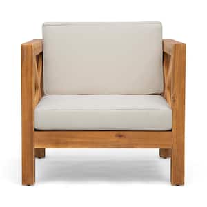 Brown Wood Outdoor Lounge Chair Beige Cushions