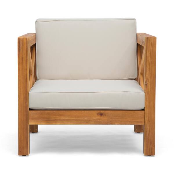 Tenleaf Brown Wood Outdoor Lounge Chair Beige Cushions