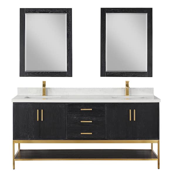 Altair Wildy 72 in. W x 22 in. D x 34 in. H Double Sink Bath Vanity in Black Oak with White Composite Stone Top and Mirror