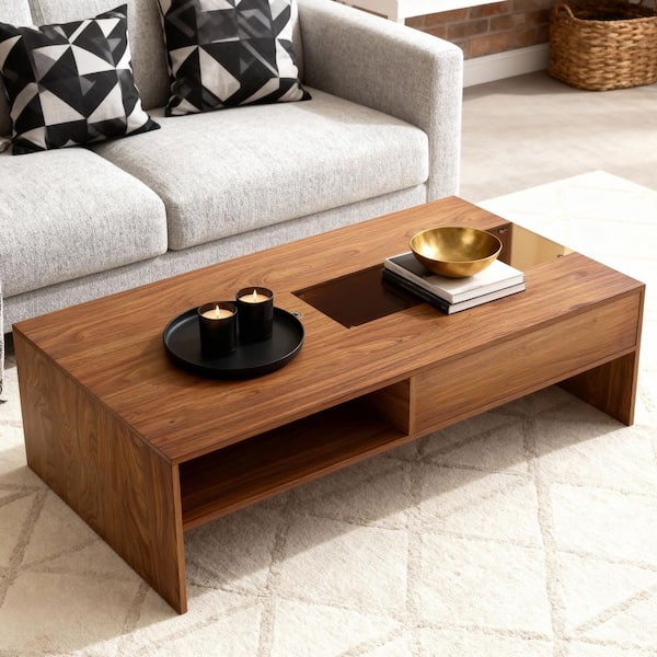 Piils 51.1 in Walnut Color Rectangle MDF Coffee Table with Flip Doors and LED
