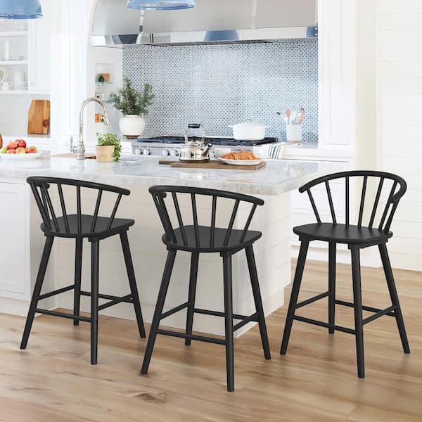 Winson Windsor 24 in. Black Solid Wood Bar Stool for Kitchen Island Counter Stool with Spindle Back Set of 3