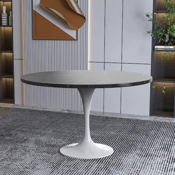 Verve Modern White Round Sintered Stone 48 in. with Pedestal Base Dining Table 4 Seater, Black
