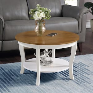 American Heritage 30 in. Driftwood/White Round Wood Top Coffee Table with Shelf