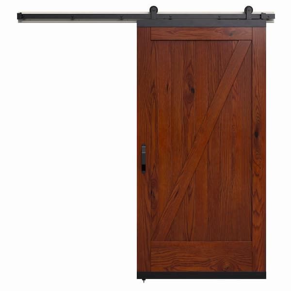 JELD-WEN 42 in. x 80 in. Karona Z Design Spice Stained Rustic White Oak Wood Sliding Barn Door with Hardware Kit