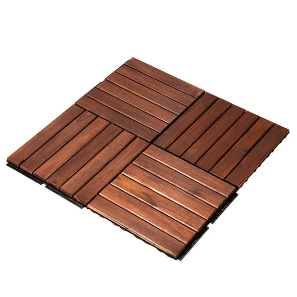 Afoxsos 12" x 12" Square Acacia Wood Interlocking Flooring Tiles Striped Pattern Pack of 10 Tiles