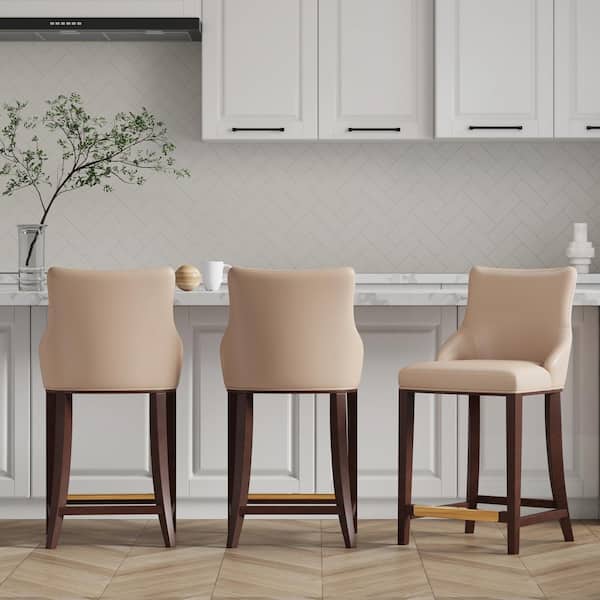 Manhattan Comfort Shubert 25.98 in. Tan Beech Wood Counter Stool with Leatherette Upholstered Seat (Set of 3)