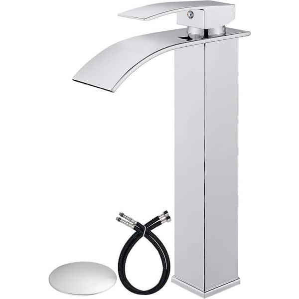 Single Handle Waterfall Vessel Sink Faucet Drain Kit Included and Single Hole in Polished Chrome